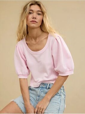 Aerie Seams Right Short Sleeve Sweatshirt Light Pink Bubble Sleeve M Summer